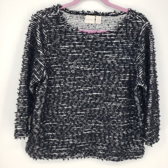 Chico's Metallic Textured Boucle Knit Sweater M Relaxed Boxy Fit  Black White - Picture 1 of 7